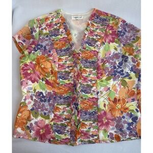 Coldwater Creek Women's Blouse L/XL Multicolor Floral Ruffle Smocked‎ Button Up